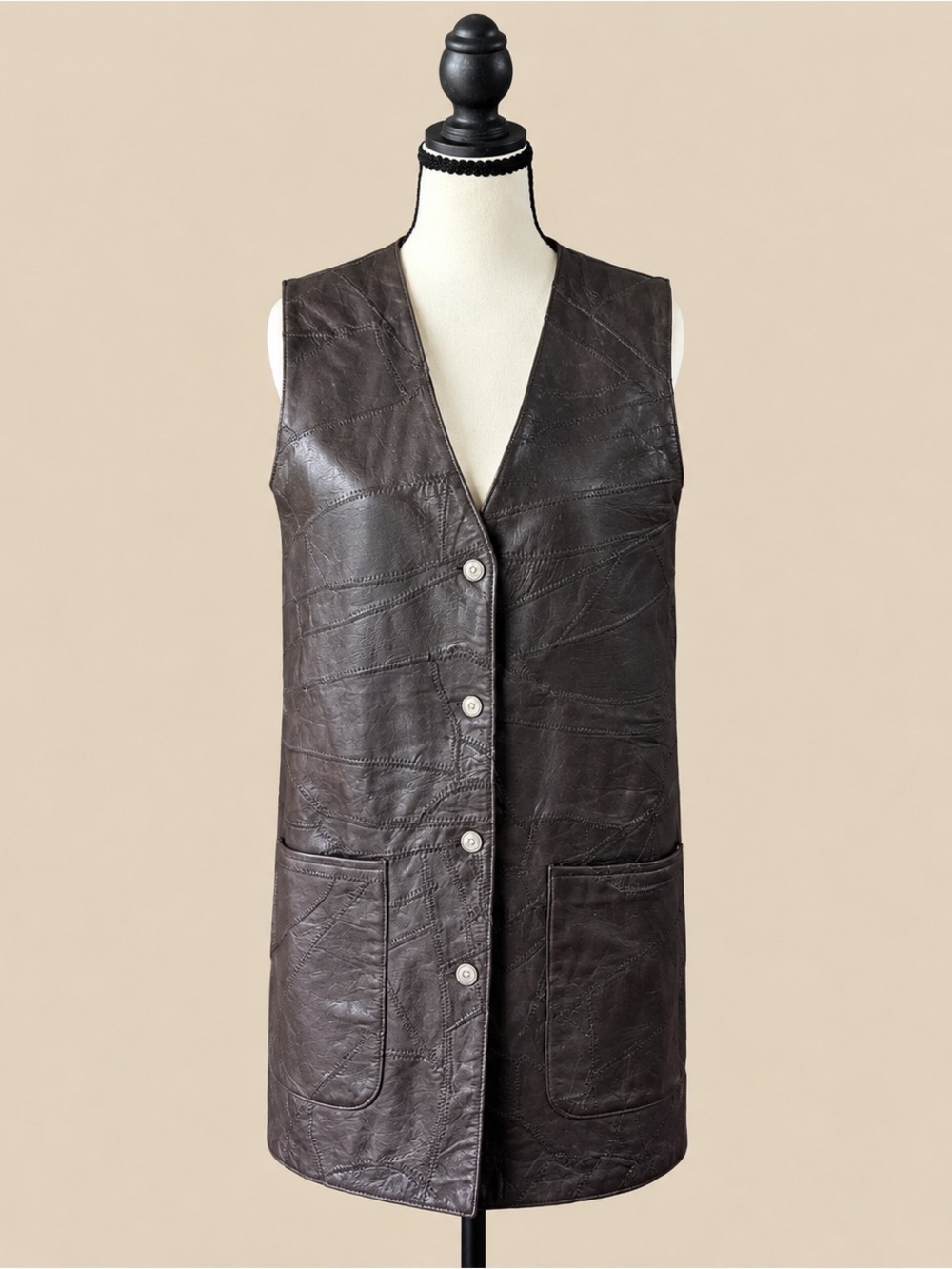 80s Vintage Brown Leather Raw Stitch Snap Front Long Vest M
